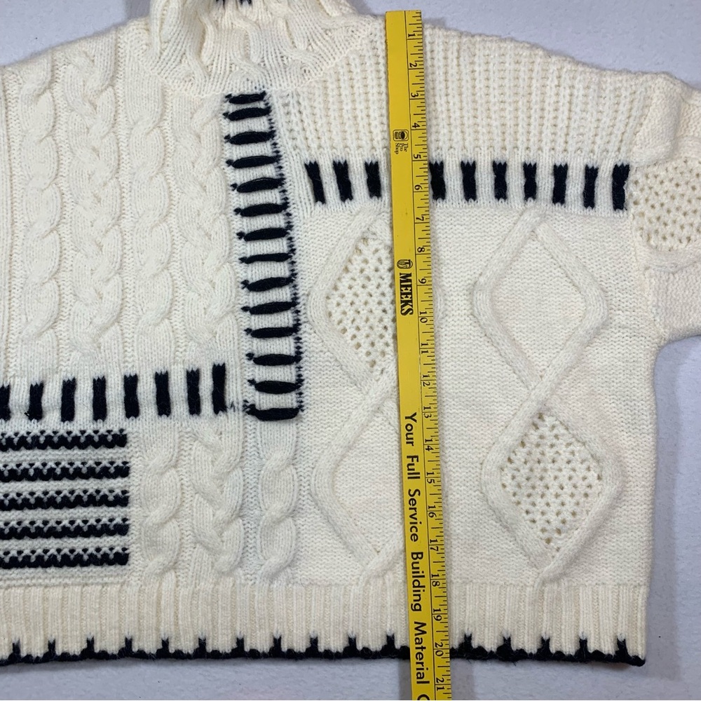 Contrast Patchwork Cream Black Crop Cable Knit Sw… - image 7